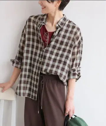 코튼 론 체크 오버 사이즈 셔츠 브라운