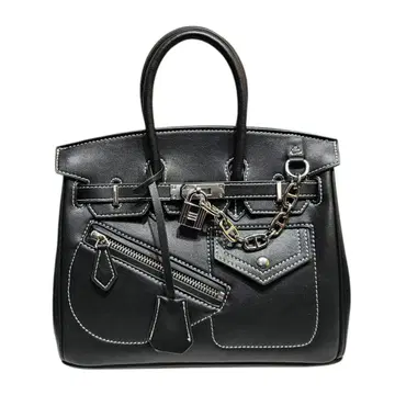 블랙 가죽 핸드백 지퍼 포켓 부착