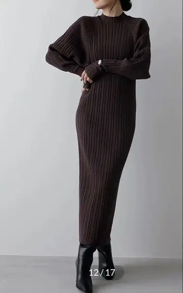 anuans 랜덤 리브 볼륨 슬리브 니트 원피스