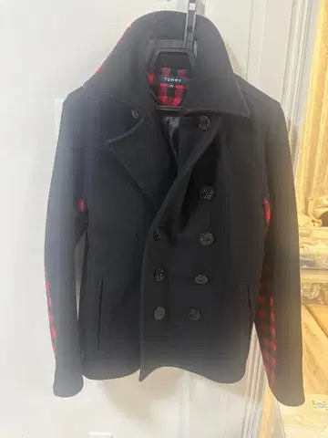 TOMMY 블랙 레드 체크 피코트 M