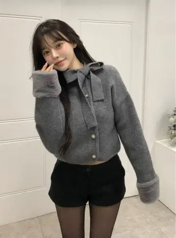 GRL 리본 펄 버튼 퍼 니트 가디건[lt150]