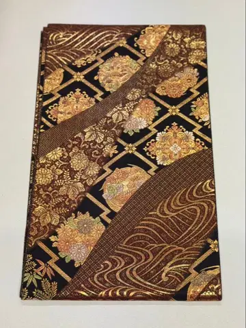 후쿠로 오비 블랙 골드 꽃무늬 파도 무늬
