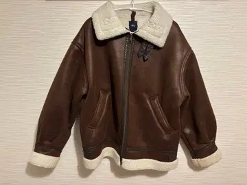 브라운 가죽 코트 보아 카라 부착