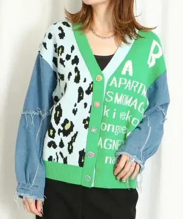 GORGE 레오파드 무늬 데님 절개 가디건 레오파드 무늬 그린 x 블루