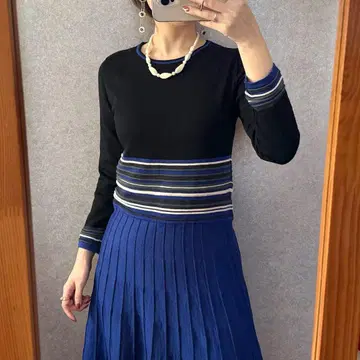 빈티지 레트로 구제 의류 바이 컬러 니트 원피스 블랙 x 파랑