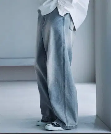 SERACE 데님 팬츠 남성용 와이드 페이드 블루