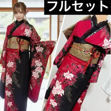 새상품급 순수 실크 후리소데 풀세트 은사 블랙 베이스 성인식