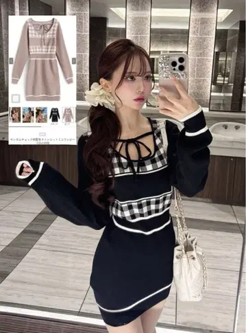 깅엄 체크 패턴 배색 라인 니트 미니 원피스[ru1353]