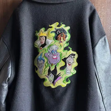 90's 빈티지 디즈니 빌런 가죽 소매 바시티 자켓