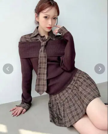 RESEXXY 셔츠 레이어드 니트탑 스커트 셋업 브라운