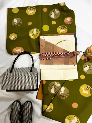 [새상품급] 코몬 이중 기모노 토끼 패턴 눈꽃 무늬 워셔블 기모노 그린