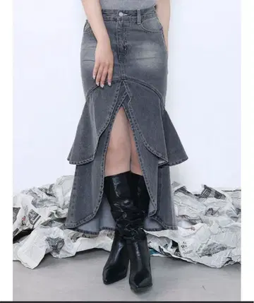 이토미 EATME 머메이드 데님 스커트 롱 슬릿 그레이