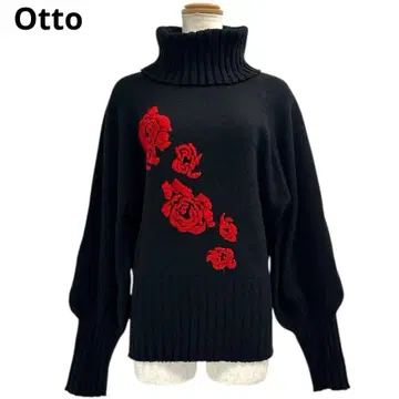 새상품급 오토 Otto 울 혼방 장미 자수 터틀 리브 니트 M 블랙