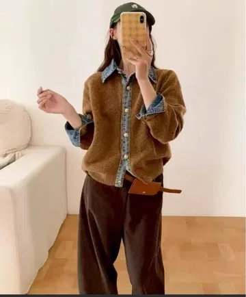 뤼미에 브라운 울 혼방 가디건 데님 카라 부착