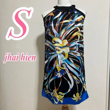 jhai hien 미니 원피스 S 블루 블랙 오렌지 올 패턴 미니 기장