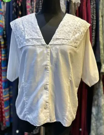 빈티지샵 구매 화이트 레이스 이중 구조 반팔 블라우스