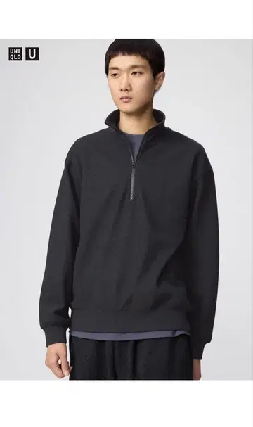 UNIQLO U 브러쉬드 맨투맨 하프 지퍼 셔츠 M 다크 그레이
