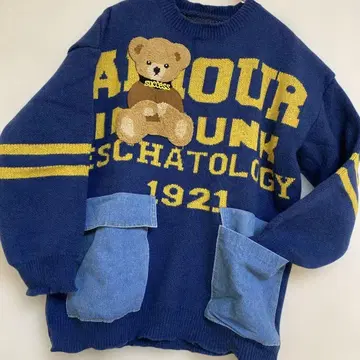 니트 XL 빅 실루엣 스웨터 곰돌이 데님 P 부착 디자인 니트