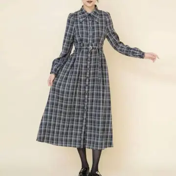 택 포함 미사용 새상품 체크 셔츠 원피스 (네이비)