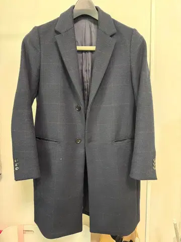 체스터 코트 그린 라벨 네이비 색 체크 무늬 S 사이즈