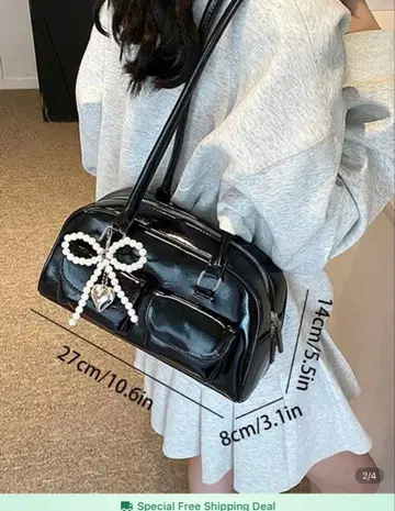 펄 장식 블랙 핸드백