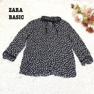 s.1355 [자라 베이직] 긴팔 블라우스 넥리본 꽃무늬 블랙 계열 M