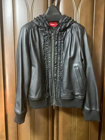 핑크하우스 후드 부착 가죽 블루종