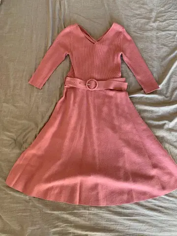 핑크 벨트 플레어 니트 원피스 데이트 원피스