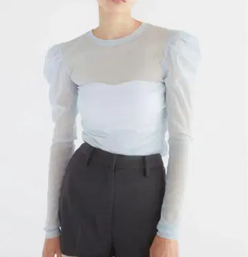 씰린 퍼프 슬리브 시어 탑 택 포함 미사용 새상품!