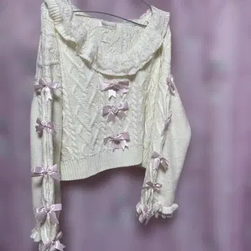 V넥 소매 리본 레이스 비쥬 하트 케이블 니트 디어마이러브 LL~3L