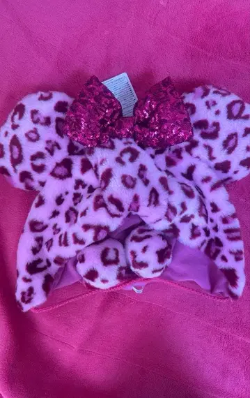 [택 포함 미사용 새상품] 미니 핑크 레오파드 무늬 팬캡 디즈니