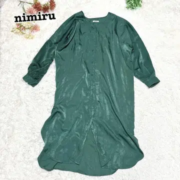 s.1813 [미니루] 긴팔 노카라 셔츠 롱 원피스 광택 그린