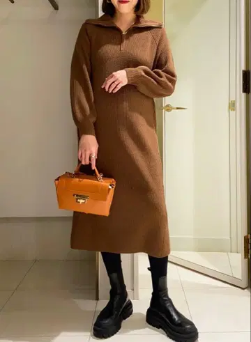 루니 브라운 니트 롱 원피스