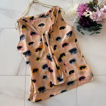 MOSCHINO 리본 타이 블라우스 핑크 아이 프린트 올 패턴 실크