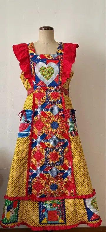 70s 빈티지 패치워크 퀼팅 에이프런 원피스