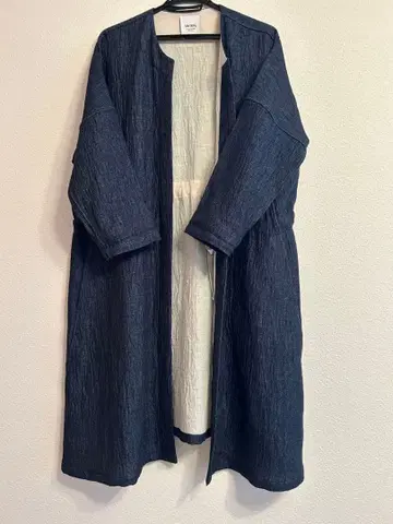 하자 있음 SOMETHING 데님 롱 코트 노카라 인디고 블루