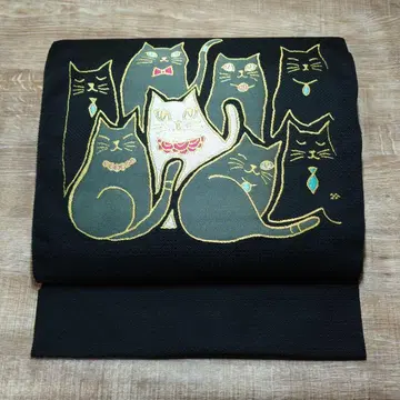 나고야 오비 고양이 패밀리 별복 북 패턴 블랙 베이스 재단 포함