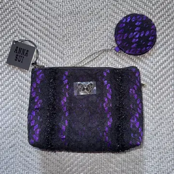 ANNA SUI 블랙 보라색 레이스 파우치 거울 포함