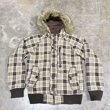 체크 무늬 퍼 후드 자켓