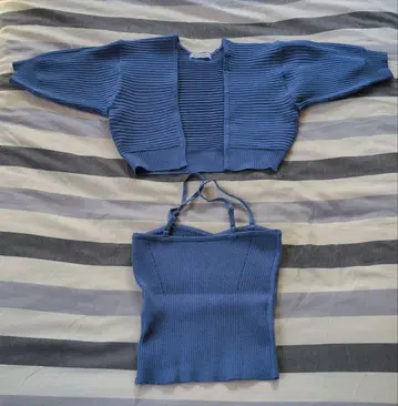 REDYAZEL 파랑 리브 반팔 니트