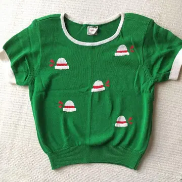 tomatsu 그린 니트 스웨터 반팔 모자 자수