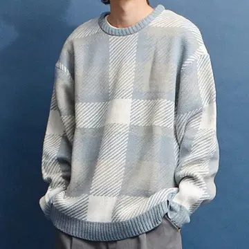 니트 스웨터 체크 무늬 파랑 x 화이트 L cathy's closet