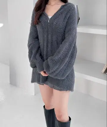 샤기 후드 ZIP 미니 원피스