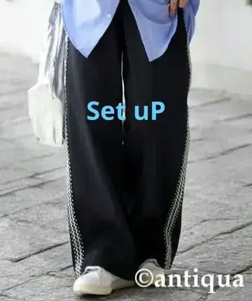 antiqua 블랙 와이드 팬츠 사이드 자수 포함 Rsize