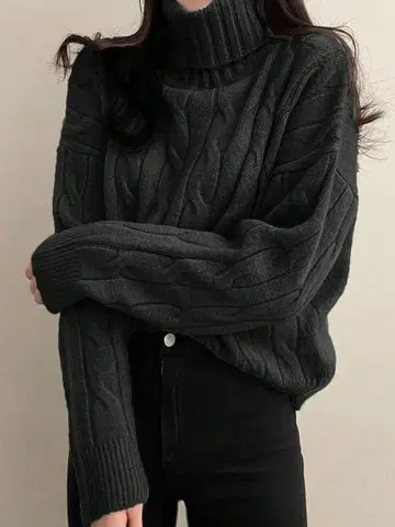 여성용 터틀넥 스웨터, 루즈핏 숏 기장, 긴팔 케이블 니트