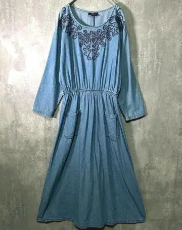 유로 구제 의류 데님 원피스 코드 자수 롱 플레어 A라인 긴팔