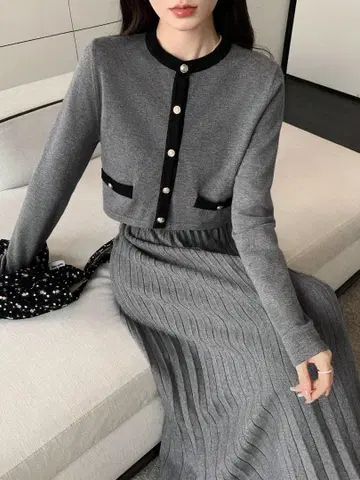 여성용 대비 컬러 크루넥 가디건 & 스커트 2종 세트, 봄/가을