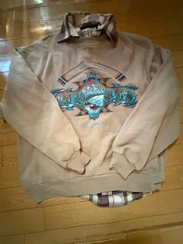 Jerzees L 그래픽 맨투맨 + Ruehl 체크 셔츠