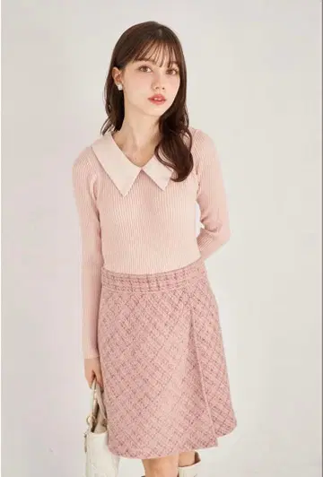 카라 부착 리브 니트 x 트위드 도킹 원피스 토코