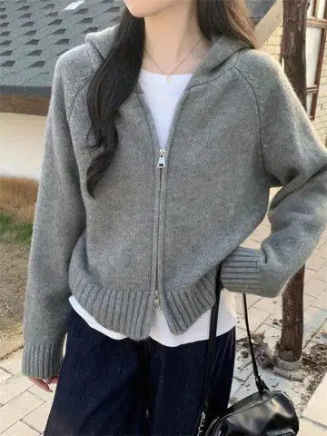 여성용 그레이 더블 지퍼 후드 부착 스웨터 가디건